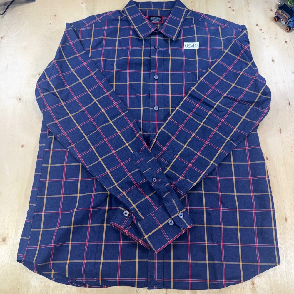 UNTUCKit Mens Large Slim Fit Wrinkle Free Navy Blue Red Yellow Plaid Shirt